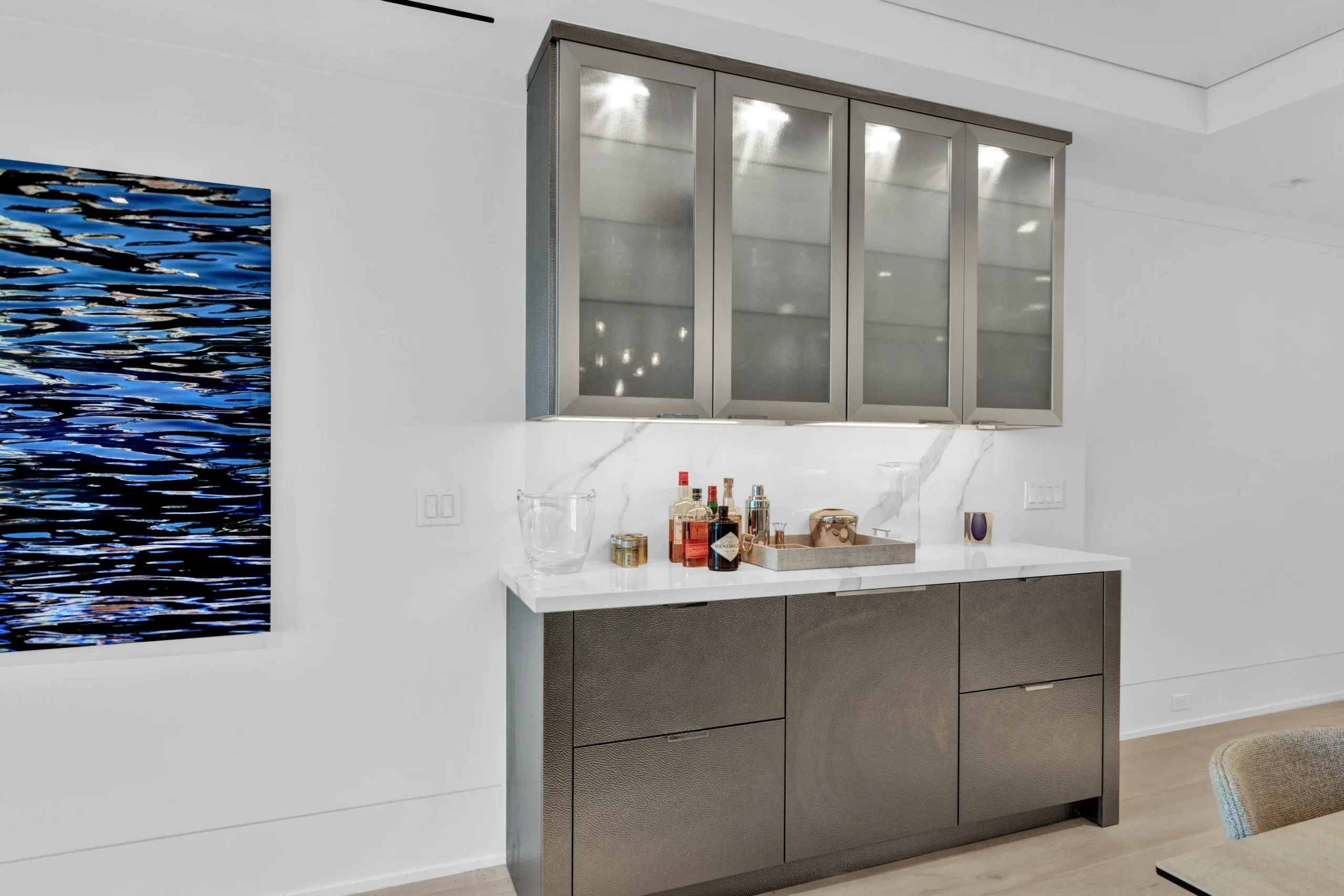 Dawn Wallace designed kitchen and cabinets metal wine cooler