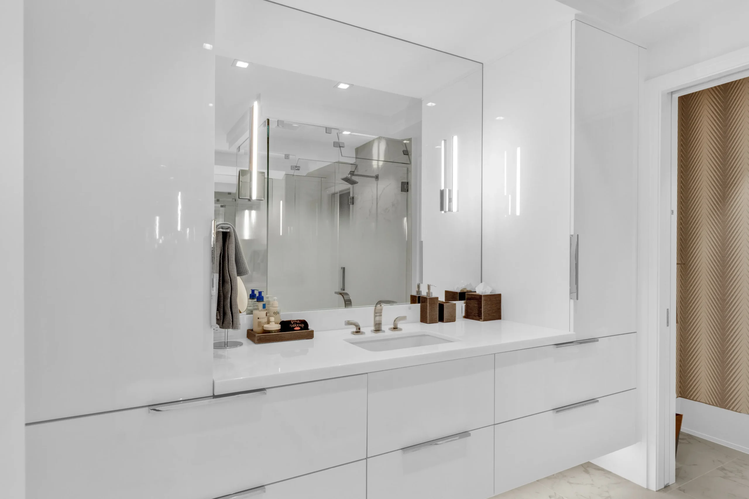 Dawn Wallace designed bathroom and white cabinets