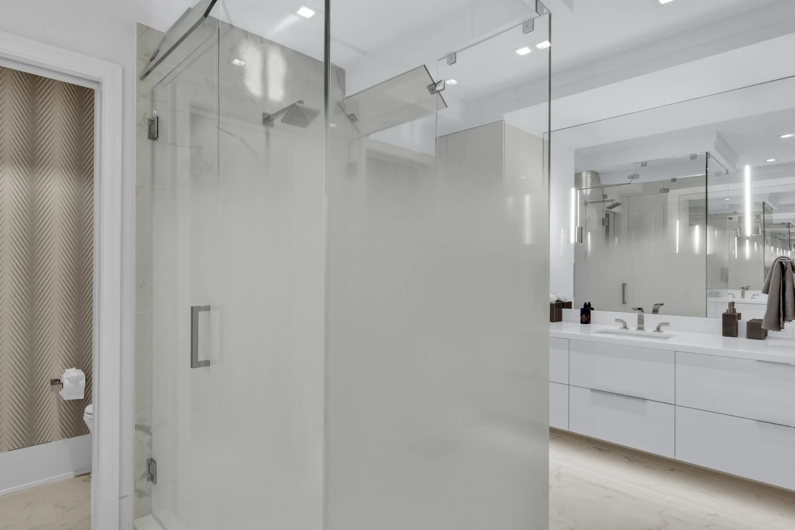 Dawn Wallace designed bathroom and white cabinets