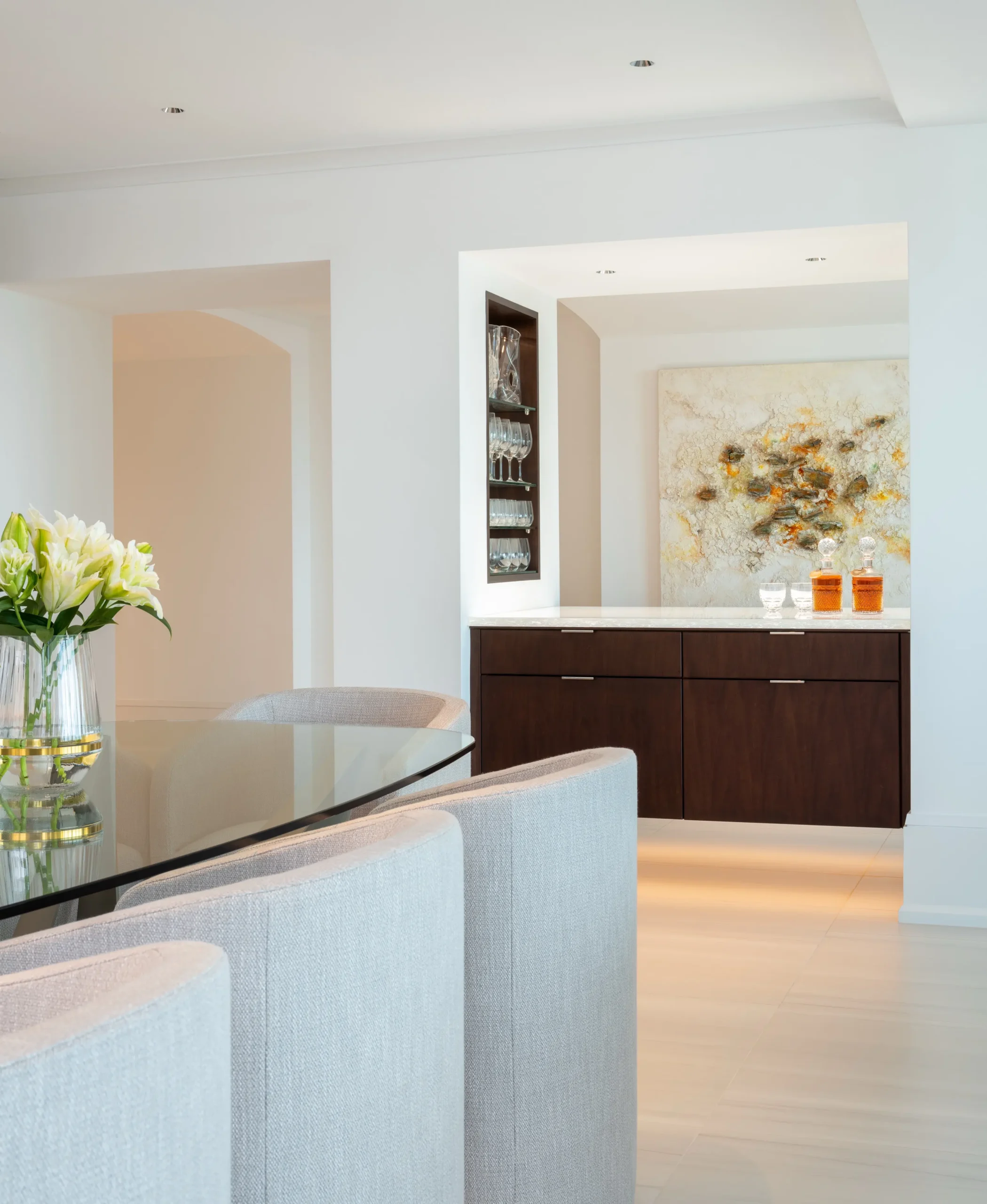 Dining room view of custom kitchen cabinets designed in Vero Beach by Dawn Wallace Design